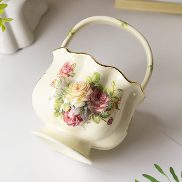 Cesta de Frutas de Cerámica Pintada a Mano con Rosas Rojas Vibrantes y Detalles Dorados - Perfecta para el Té de la Tarde, Almacenamiento en la Cocina y Ocasiones Especiales como Navidad, San Valentín, Día de la Madre