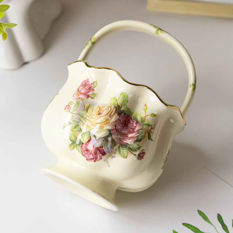 Cesta de Frutas de Cerámica Pintada a Mano con Rosas Rojas Vibrantes y Detalles Dorados - Perfecta para el Té de la Tarde, Almacenamiento en la Cocina y Ocasiones Especiales como Navidad, San Valentín, Día de la Madre