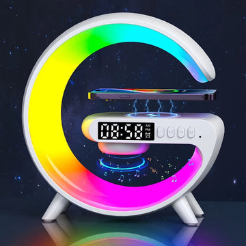 Lámpara de escritorio RGB moderna con carga inalámbrica, altavoz inalámbrico, brillo ajustable, múltiples modos de iluminación, reloj despertador y reproducción de tarjeta TF – Alimentación por USB, diseño elegante en blanco para dormitorio o estudio, ac
