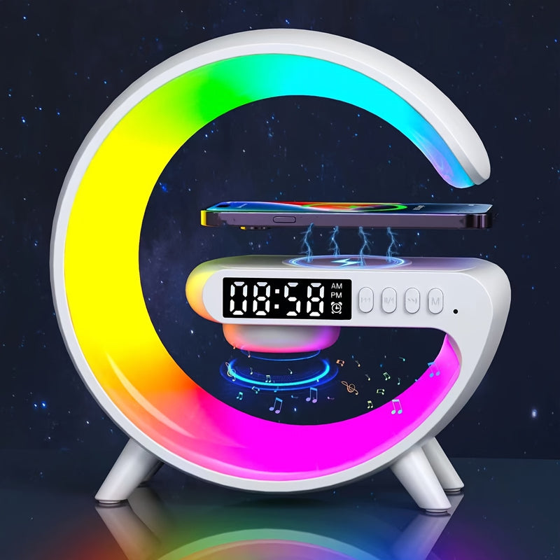 Lámpara de escritorio RGB moderna con carga inalámbrica, altavoz inalámbrico, brillo ajustable, múltiples modos de iluminación, reloj despertador y reproducción de tarjeta TF – Alimentación por USB, diseño elegante en blanco para dormitorio o estudio, ac