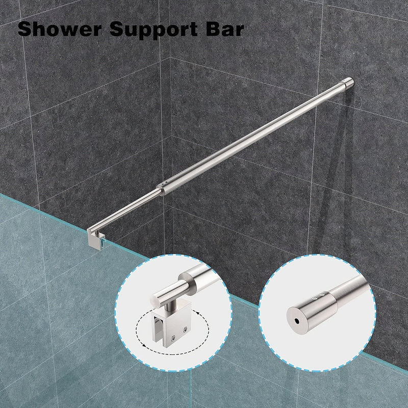 Soporte ajustable de ducha de aluminio, 27,6" a 47,2" - Ideal para paneles de vidrio de 5/16" a 3/8" de grosor, montado en pared con acabado plateado pulido, perfecto para encierros de ducha sin marco, soporte de ducha sin marco | Acabado metálico elegan