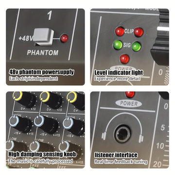 Mezclador de Audio Profesional LX01 | Multicanal con Alimentación USB | Consola Negra en Aleación con Pantalla Digital y Controles Individuales para Canales | Ideal para Transmisiones, Karaoke y Estudios Caseros | Diseño Compacto con Reproductor de MP3 |