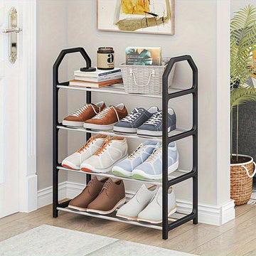Estante de zapatos de 4 niveles que ahorra espacio - Resistente al polvo, organizador de metal y plástico, para entrada/salida, dormitorio, sala de estar, fácil de ensamblar, no requiere energía, solución de almacenamiento de zapatos | Estante de zapatos