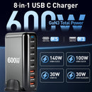1pc de nuevo cargador rápido USB tipo C Gan de 600 W con carga rápida 3.0 para dispositivos móviles, con 8 puertos y 5C3A PD, fácil de transportar, adecuado para la carga de tabletas.