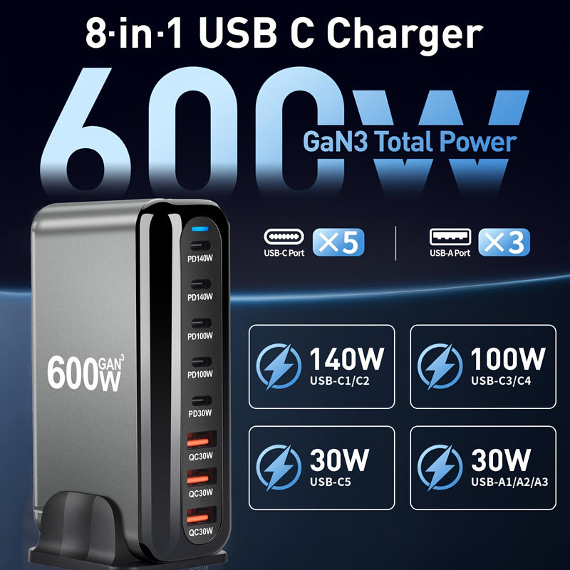1pc de nuevo cargador rápido USB tipo C Gan de 600 W con carga rápida 3.0 para dispositivos móviles, con 8 puertos y 5C3A PD, fácil de transportar, adecuado para la carga de tabletas.