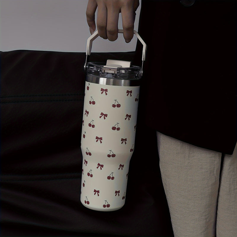 1 pieza de vaso aislado de acero inoxidable de la serie tulipán, 900 ml/33,44 oz, botella de agua reutilizable de gran capacidad con asa y pajilla, doble boca para beber, fondo plano, solo lavado a mano.