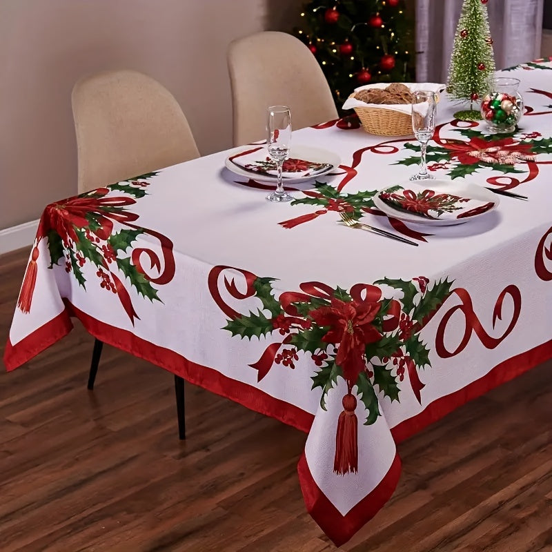 1pc Mantel Rectangular Navideño con Diseño de Poinsettia y Acebo - Cubremesa Rojo Blanco Verde para Mesas de 8/6/4 Plazas, Decoración Festiva para Fiestas de Año Nuevo, Tela Fácil de Limpiar a Máquina, Mantel Duradero con Detalles de Borlas, Decoración H