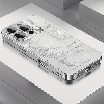Fundas de Teléfono TPU Electroplateadas con Patrón Creativo de Vuelo en Mapa Gris y Protección para Lente para iPhone 16/16Pro/16ProMax/16Plus/16e, 15/15Plus/15Pro/15ProMax, 14/14Plus/14Pro/14ProMax, 13/13Pro/13ProMax, 12/12Pro/12ProMax, 11/11Pro/11ProMa