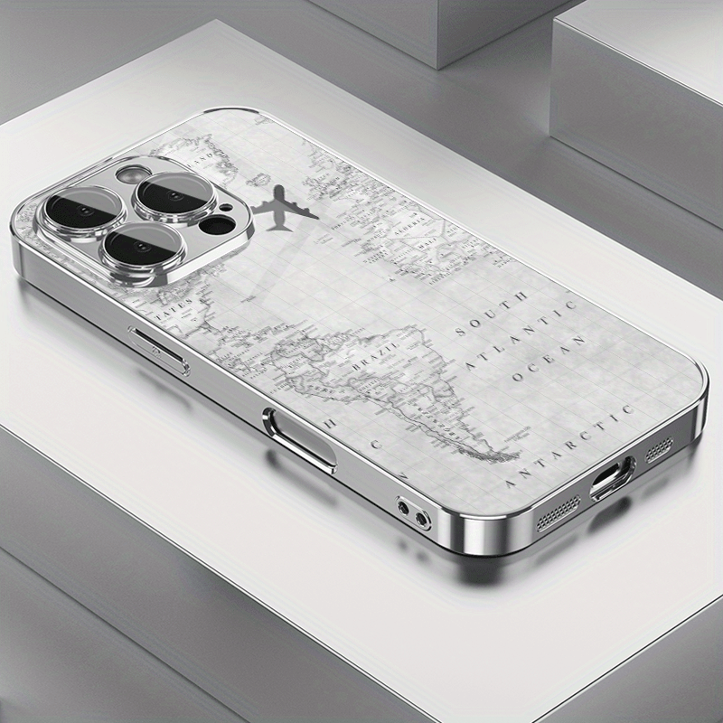 Fundas de Teléfono TPU Electroplateadas con Patrón Creativo de Vuelo en Mapa Gris y Protección para Lente para iPhone 16/16Pro/16ProMax/16Plus/16e, 15/15Plus/15Pro/15ProMax, 14/14Plus/14Pro/14ProMax, 13/13Pro/13ProMax, 12/12Pro/12ProMax, 11/11Pro/11ProMa