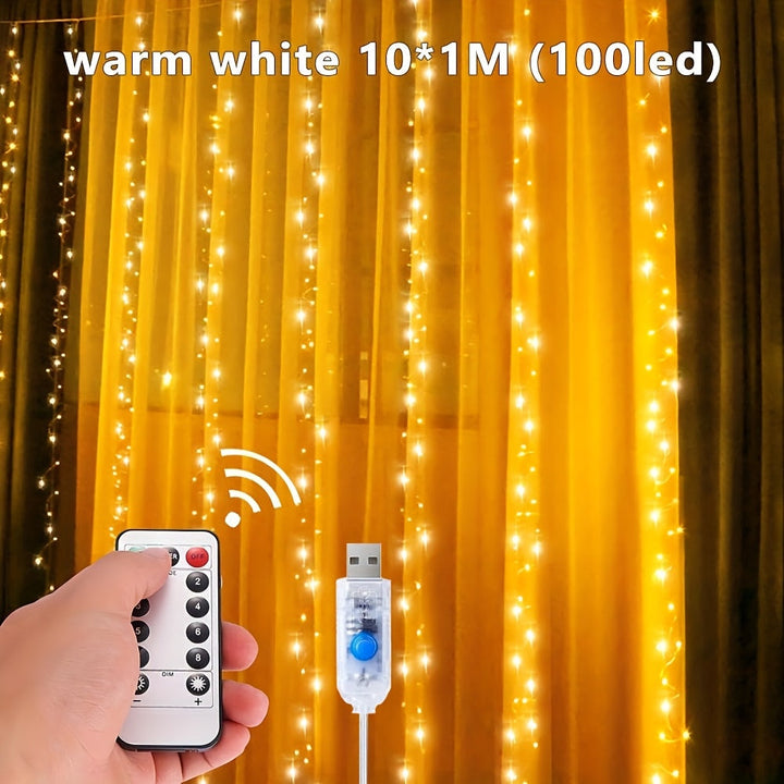 Luzes de hadas USB de 8 modos, incluyendo control remoto, luz blanca cálida y acogedora, y luz blanca pura brillante. Perfectas para celebraciones de vacaciones, bodas soñadoras, iluminación de hogar y escenario. No incluye cortinas.