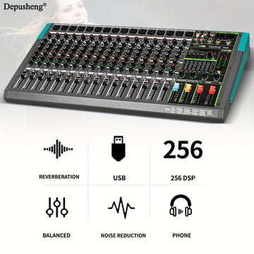 Consola de Mezcla de Audio Profesional DEPUSHENG - PA12/PA16, 12/16 Canales con Interfaz, Amplificador de Potencia, ABS Negro, Enchufe US, 110-130V