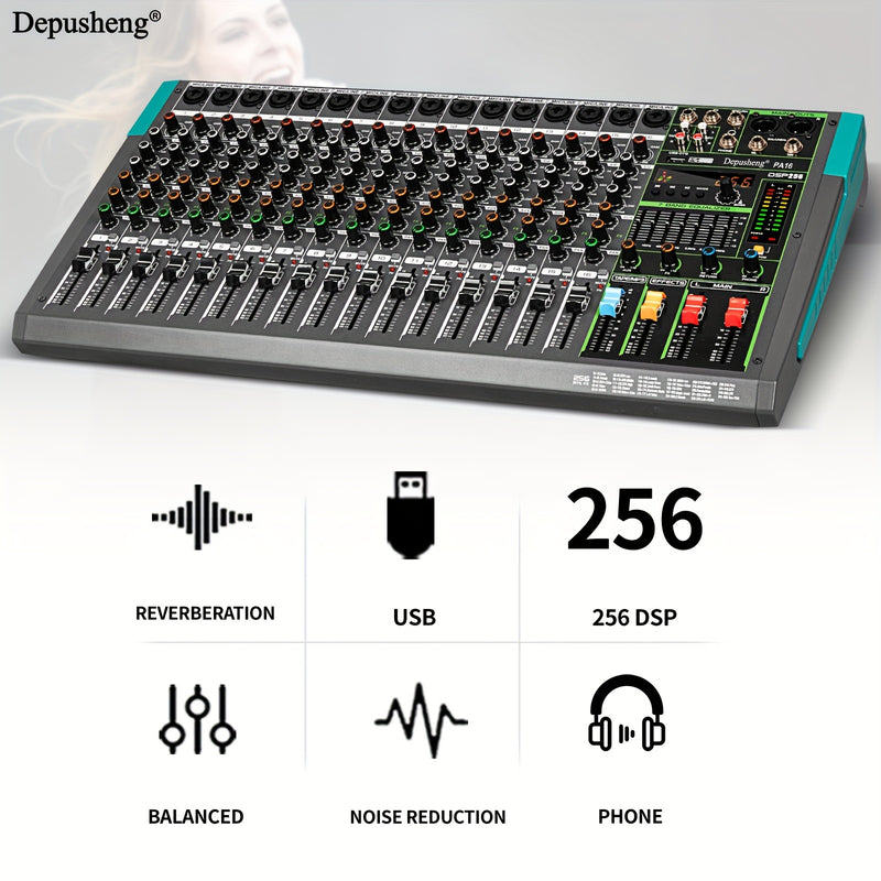Consola de Mezcla de Audio Profesional DEPUSHENG - PA12/PA16, 12/16 Canales con Interfaz, Amplificador de Potencia, ABS Negro, Enchufe US, 110-130V