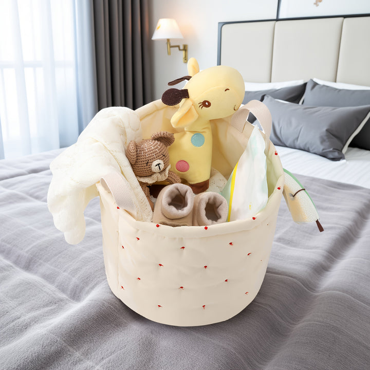 Canasta de Almacenamiento Multiusos en Poliéster Blanco con Patrones de Corazones Rojos - Organizador para Ropa, Pañales y Juguetes - Cesto Portátil Duradero para Guardarropa y Hogar, Diseño Divertido y Textura Suave