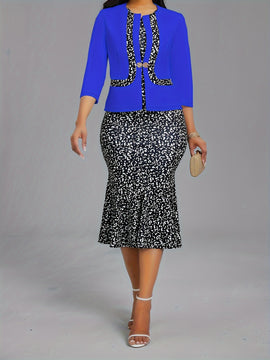 Conjunto elegante de dos piezas, Blazer de manga tres cuartos y vestido ajustado con estampado floral, Ropa de mujer.