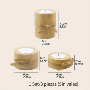 Juego de 3 Portavelas de Madera Pulida Hechos a Mano - Velas de Madera Rústica para Decoración de Fiestas y Cenas a la Luz de Velas en Casa