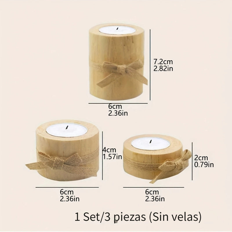 Juego de 3 Portavelas de Madera Pulida Hechos a Mano - Velas de Madera Rústica para Decoración de Fiestas y Cenas a la Luz de Velas en Casa