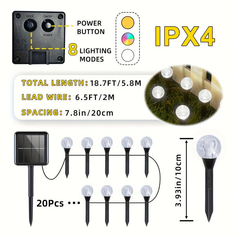 20 Piezas de Luces Solares de Bola de Cristal para Exteriores, 18.7 Pies/5.8m IPX4 con 8 Modos de Iluminación y Sensor de Luz Encendido/Apagado, para Jardín, Patio, Camino y Paisajismo