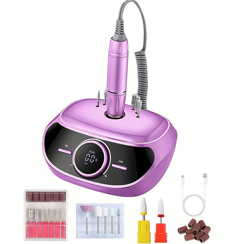 Juego de amoladora eléctrica para uñas recargable a alta velocidad 35000 RPM, lima profesional con carcasa de aleación y 12 cabezales de pulido