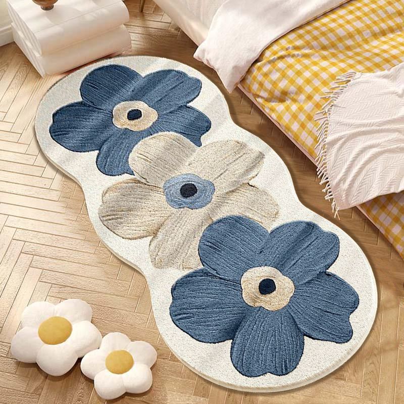 Alfombra floral nórdica de felpa, suave, lavable y antideslizante, con flores azules y beige para dormitorio, sala de estar o entrada, diseño floral nórdico, respaldo antideslizante, alfombras para sala