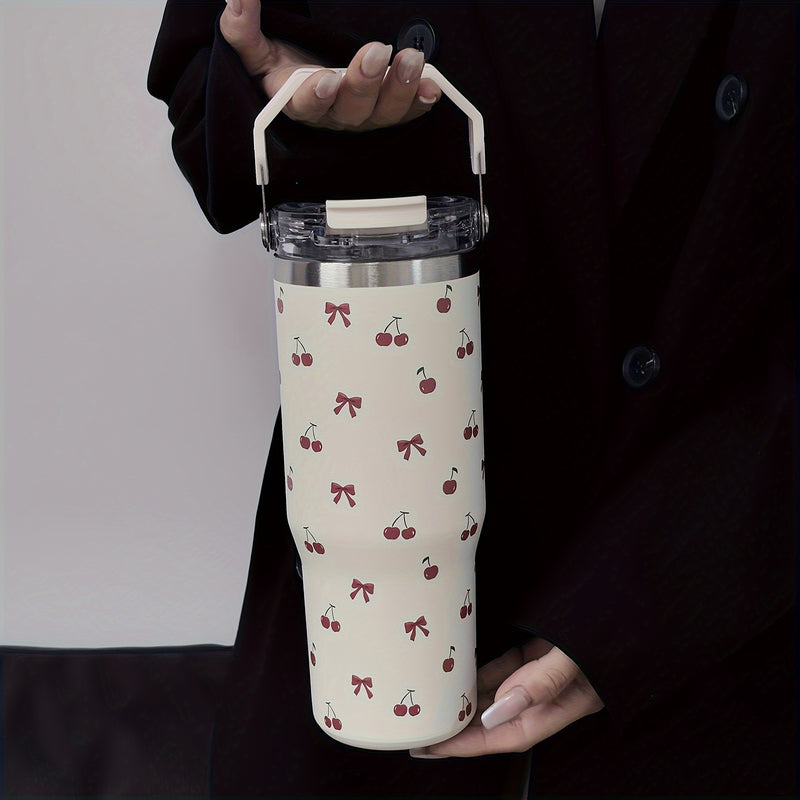1 pieza de vaso aislado de acero inoxidable de la serie tulipán, 900 ml/33,44 oz, botella de agua reutilizable de gran capacidad con asa y pajilla, doble boca para beber, fondo plano, solo lavado a mano.
