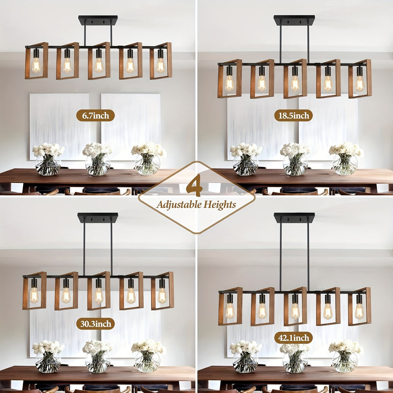 Lámpara de cocina rústica de 105.41 cm - Candil de comedor ajustable con 5 luces, acabado en madera rústica y metal negro mate, montaje semiempotrado con base E26 (focos no incluidos) para cocina, mesa de billar, comedor, iluminación de cocina | Encanto