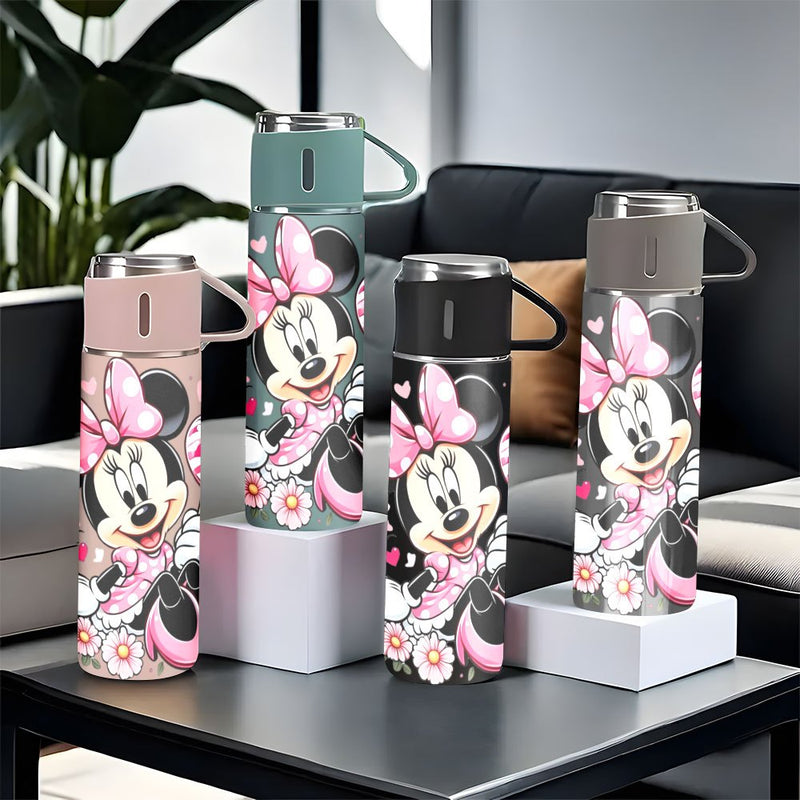 1 juego de termo Disney Minnie Mouse de 17 oz, botella de acero inoxidable al vacío con taza para café, bebidas calientes y frías, cantimplora, útiles escolares LHB03211