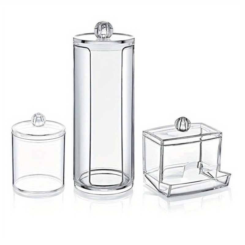 3 piezas de dispensador de hisopos acrílico, caja de almacenamiento para baño, frascos redondos para algodón, porta hisopos, contenedor de palillos, hisopos redondos para baño