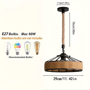 Lámpara de techo con base E27 y colgante de cuerda de cáñamo retro - Diseño de hierro rústico con sombra desmontable para decoración de hogar DIY, Navidad, bodas, bares y exhibiciones de tiendas, instalación fácil, no se necesita cableado, iluminación vi