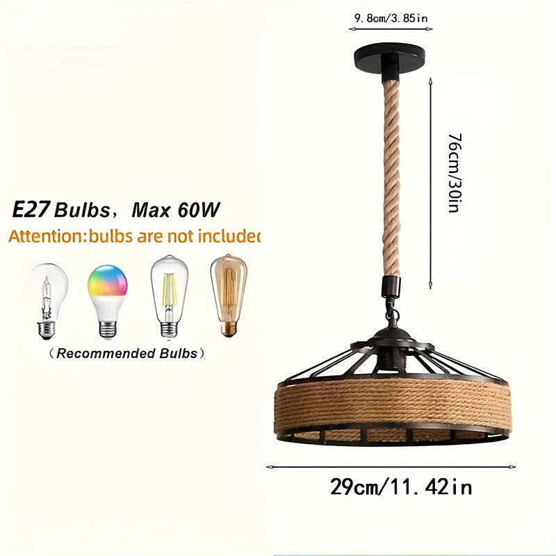 Lámpara de techo con base E27 y colgante de cuerda de cáñamo retro - Diseño de hierro rústico con sombra desmontable para decoración de hogar DIY, Navidad, bodas, bares y exhibiciones de tiendas, instalación fácil, no se necesita cableado, iluminación vi
