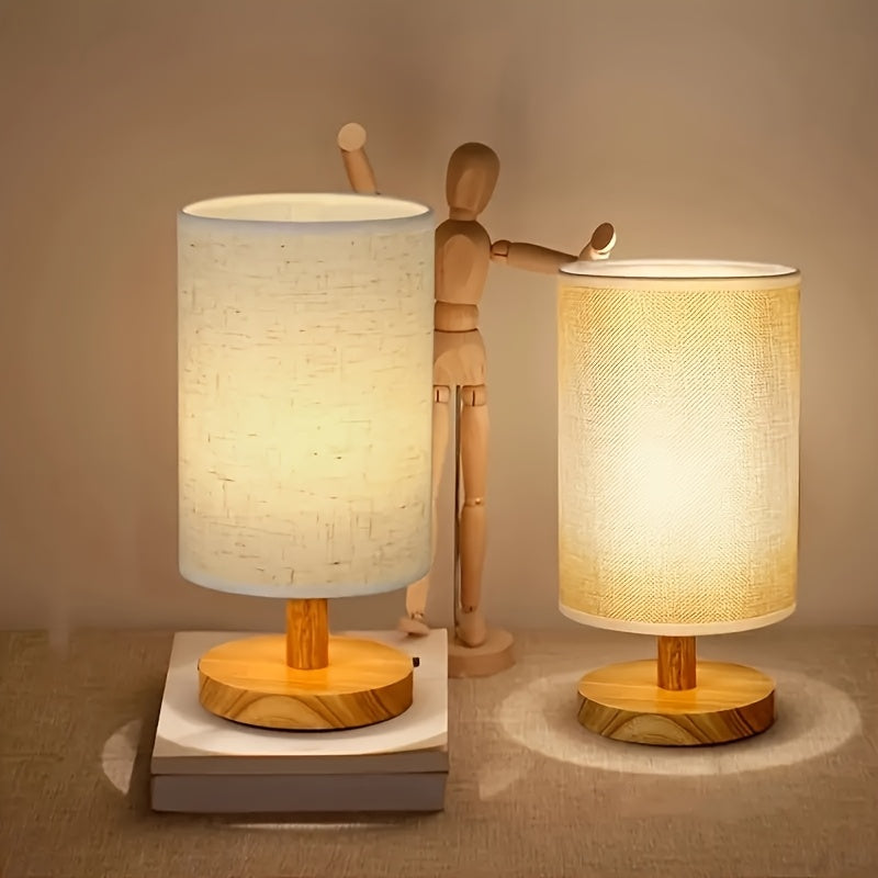 Linterna de escritorio estilo nórdico moderno con tela de lino, luz cálida y ambiental, base de madera, alimentación USB - ideal para decoración del hogar y sala