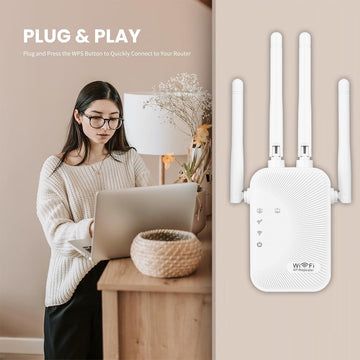 Amplificador de Señal WiFi OEKE con 4 Antenas, Red Inalámbrica Dual Mode, Ampliador de Cobertura WiFi Compatible con Router/Computadora/Laptop, para Hogar/Oficina/Café/Tienda - Blanco, Mejora de Conexión Inalámbrica en Casa o Cafetería, Dispositivo Moder