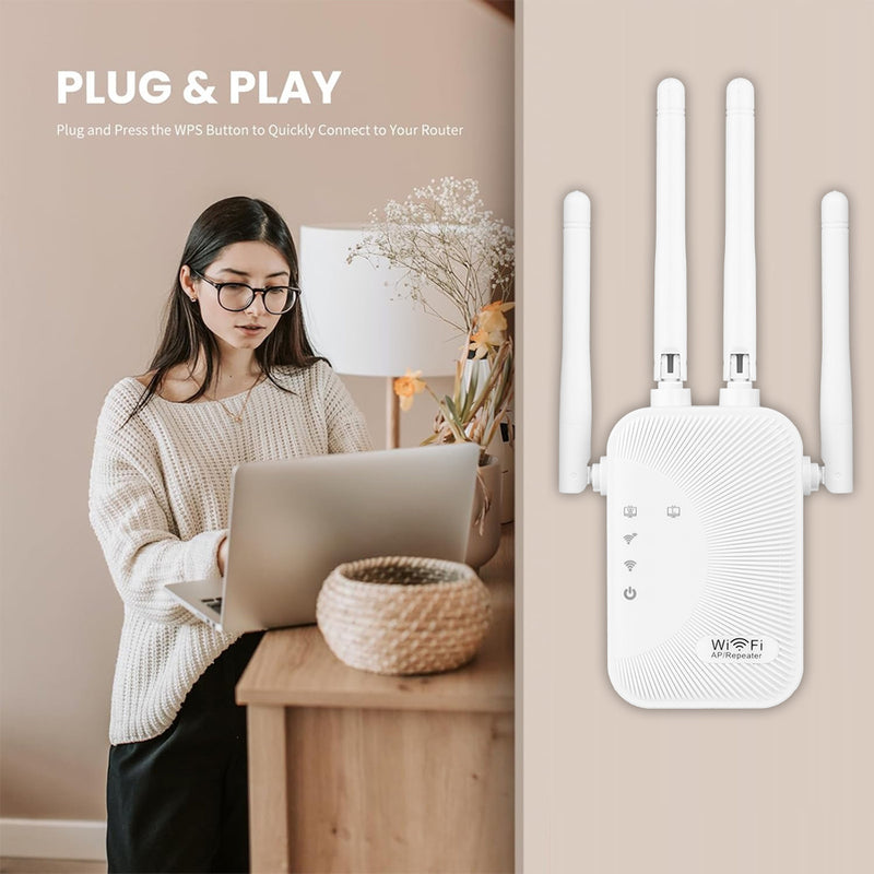 Amplificador de Señal WiFi OEKE con 4 Antenas, Red Inalámbrica Dual Mode, Ampliador de Cobertura WiFi Compatible con Router/Computadora/Laptop, para Hogar/Oficina/Café/Tienda - Blanco, Mejora de Conexión Inalámbrica en Casa o Cafetería, Dispositivo Moder