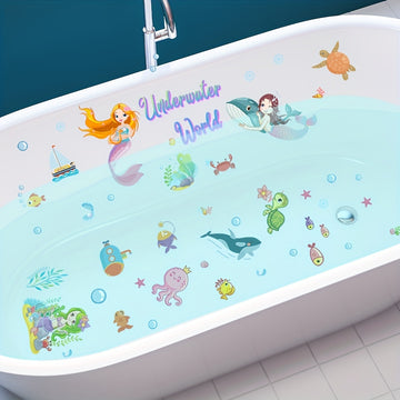 6pcs Pegatinas Antideslizantes de Sirena y Mundo Marino para Bañera - Impermeables, Calcomanías Esmeriladas para un Baño Seguro y Divertido