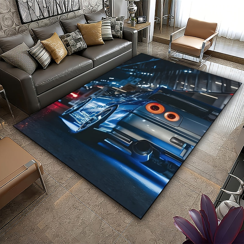 Alfombra de Área de Coche Deportivo Azul Lujosa - Antideslizante, Lavable a Máquina, Poliéster, Perfecta para Sala de Estar, Dormitorio, Bar y Habitaciones Juveniles - Disponible en 19x31/31x47/47x62/62x90 Pulgadas