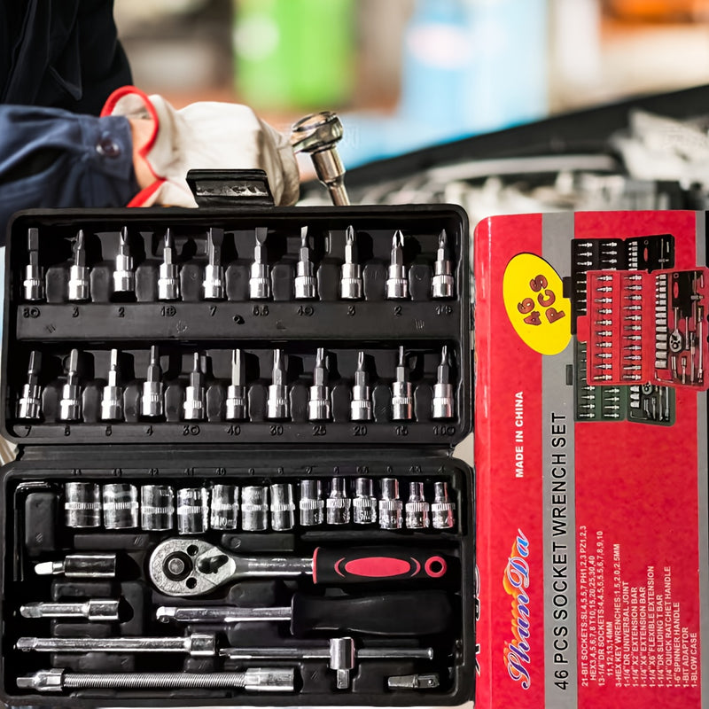 Juego de herramientas de 46 piezas de acero cromo vanadio, kit de llaves multifuncionales templadas, alto torque, portátil para mantenimiento de autos, bicicletas y motocicletas
