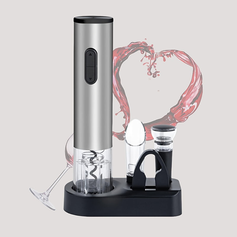 Juego de 5 en 1 para abrir botellas eléctricas, regalo creativo, abridor de vino tinto, abridor de batería seca, juego con base para verter y almacenar vino, completamente funcional.