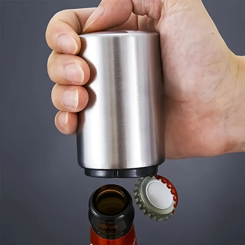 Abrebotellas magnético de acero inoxidable, abridor de tapas a presión, automático con sistema push-pull, ideal para hoteles, cenas familiares, bares y restaurantes (1 unidad)