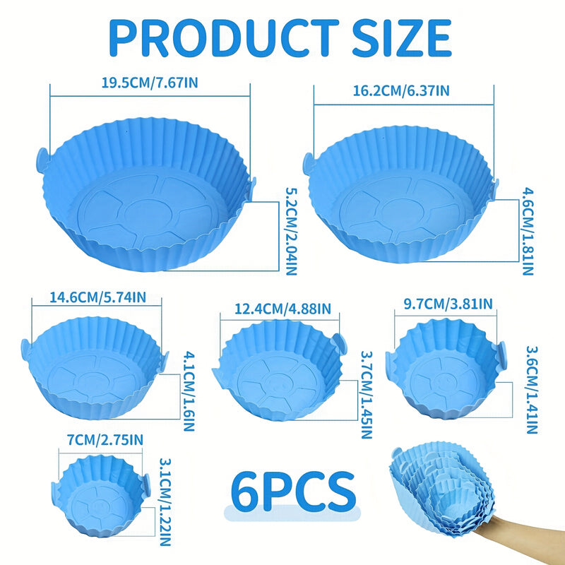 6 piezas de Forros para Freidora de Aire de Silicona - Moldes Antiadherentes Azules con Borde Festoneado y Diseño Perforado para Distribución Uniforme del Calor, Desmoldeo Fácil, Cocina Sin Aceite Saludable - Seguro para Alimentos, Reutilizables, Compati