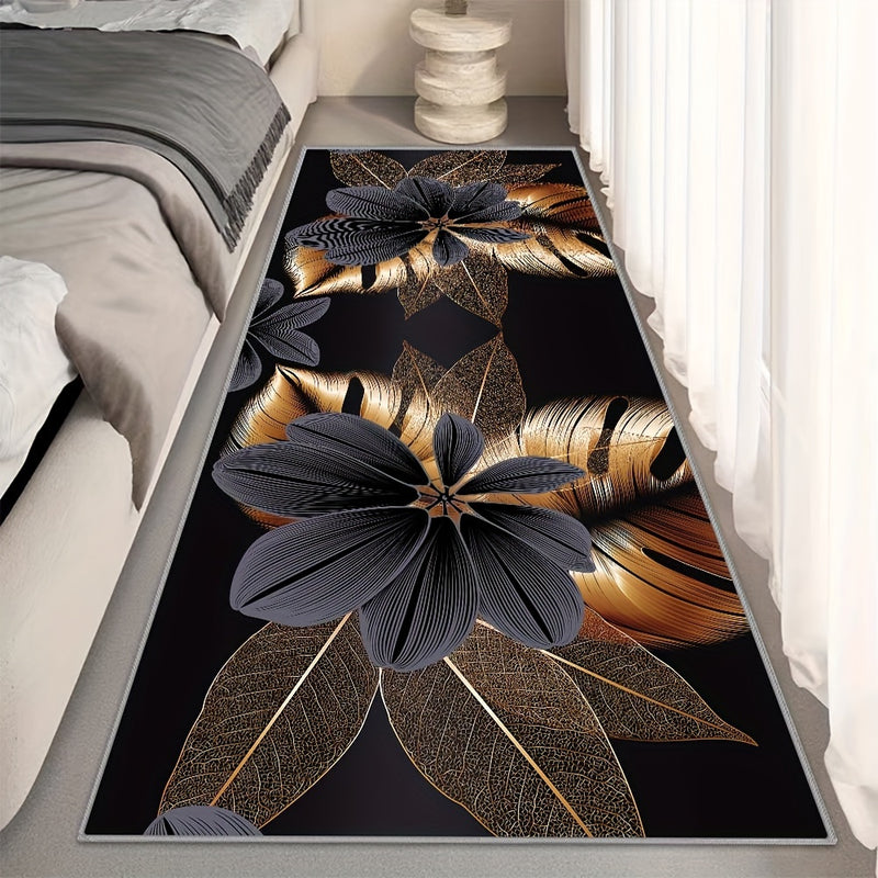 1 pieza de Terciopelo Cristal de 800g con Grosor de 0.8cm, Fondo y Blanco con Patrón Dorado Largo, Alfombra de Poliéster de Lujo, Antideslizante para Puerta, Ligera, Adecuada para Dormitorio, Porche y Espacio Interior, Lavable a Máquina, Estera Larga