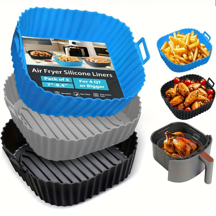 3 Piezas de Forros para Freidora de Aire Antiadherentes, Resistentes a 480°F/250°C con Base Antideslizante, Fácil Limpieza, Compatibles con Todas las Freidoras, Horno y Horneado - Cestillas de Silicona Alimentaria (4-7 Cuartos/3.8-6.5L) - Ideales para Po