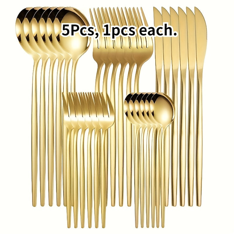 Juego de Cubiertos Elegantes de Acero Inoxidable Dorado de 5 Piezas - Incluye Cuchillo de Cena, Tenedor, Cuchara, Cucharita y Peine - Perfecto para Hogar, Cocina, Restaurante, Boda - Colección de Cubiertos Duraderos y Modernos, Utensilios de Cocina