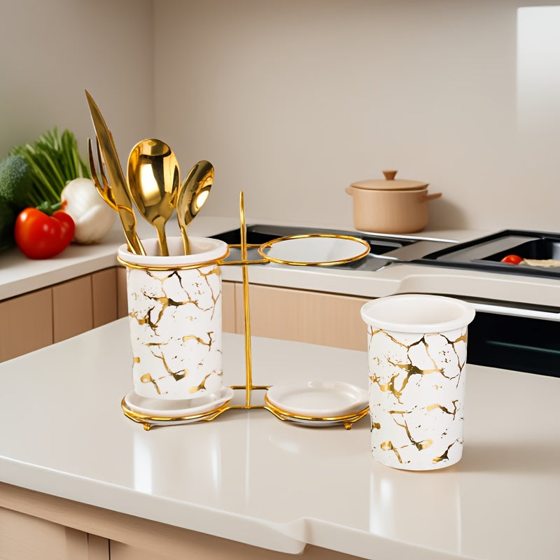 1 Juego, Soporte de Utensilios, Cilindro de Almacenamiento, Utensilios de Cocina y Restaurante, Material Cerámico, Diseño de Cilindro Doble, Adecuado para Almacenar y Organizar Cuchillos, Tenedores, Cucharas, Palillos en Encimeras de Cocina
