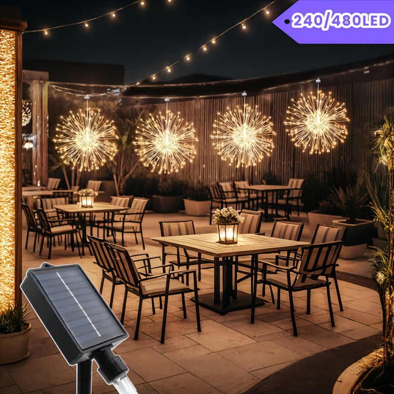Paquete de 1, Luces Solares Colgantes LED para Exteriores con Fuegos Artificiales, Luces Esféricas de Estallido de Estrellas Brillantes LED, Impermeables IP65 con 8 Modos y Cable de Cobre para Patio, Sombrilla, Alero, Jardín, Árbol, Tienda, Decoración Na