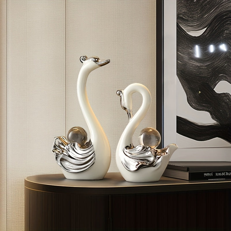 2 Piezas de Figuras de Cisne con Cristales - Decoración de Resina de Lujo para Sala, Soporte de TV, Uso Interior/Exterior - Regalo Elegante para Recién Casados