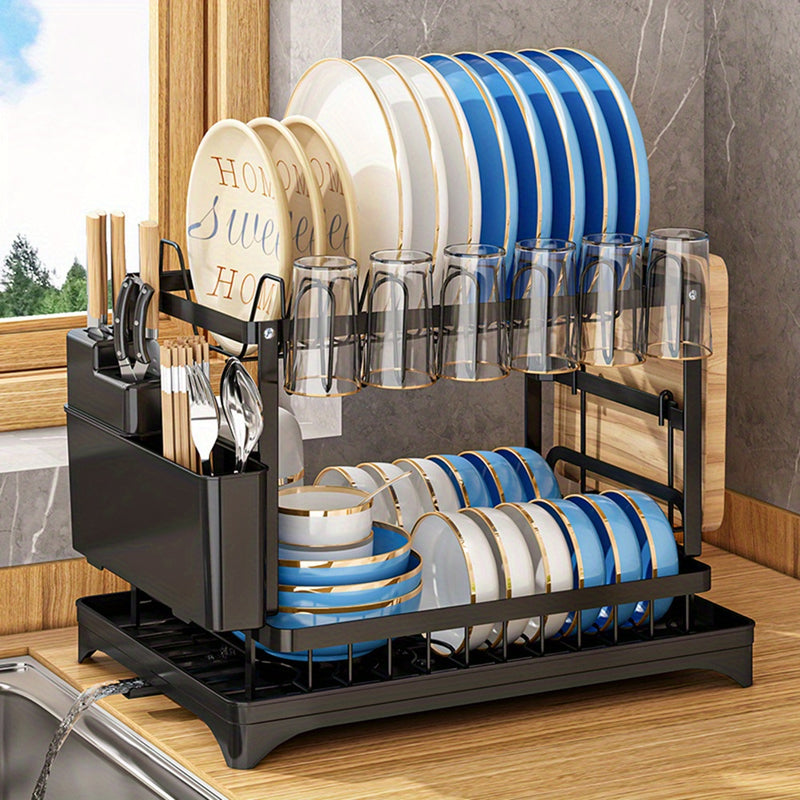 1 pieza, escurridor de platos de 2 niveles con gran capacidad y escurridero, organizador doble para tazones y tazas, desmontable para colgar sobre el fregadero, ideal para almacenar platos, tazones, tazas y cubiertos, color negro y blanco