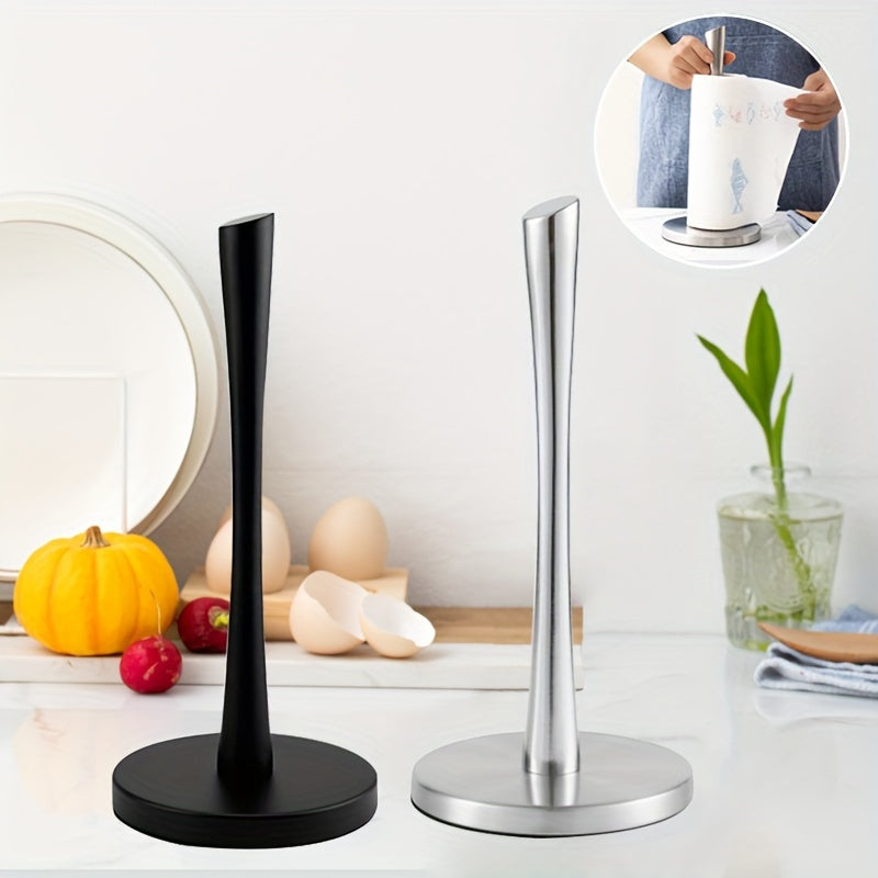 Soporte de Papel de Cocina de Acero Inoxidable - Elegante Soporte de Encimera con Almacenamiento de Película Adhesiva, Instalación Sin Taladro, Negro/Plateado