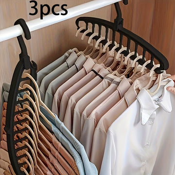 Conjunto de 3 Perchas Negras de Plástico con Diseño de Múltiples Ganchos - Organizador de Armario que Ahorra Espacio para el Hogar y Viajes, Duradero y Ligero, Ideal para un Almacenamiento Ordenado en la Guarda Ropa, Perchas para Ropa