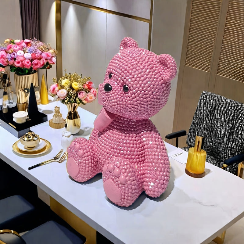 Figura de Oso con Lazo Rosa Adorable - Teddy de Resina con Temática de Amor y Acabado Perlado, Ideal para San Valentín, Navidad, Decoración de Año Nuevo | Regalo Perfecto para Vitrinas, Dormitorio y Detalles de Habitación