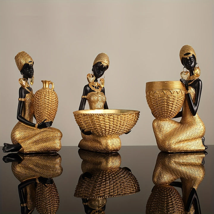 Figura de Resina Africana con Textura Tejida, Decoración Elegante en Dorado y para Sala u Oficina, Estatua Decorativa para Estante o Regalo para Mujeres