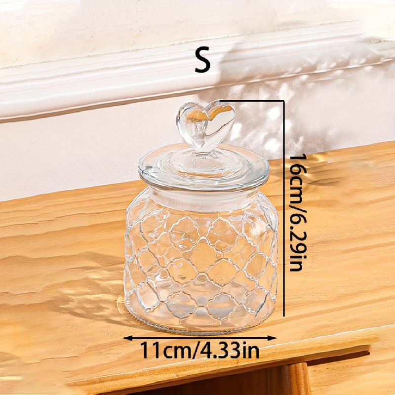 1 vaso de vidrio con tapa en forma de corazón - Contenedor de almacenamiento hermético reutilizable para frutas secas, granos y comida para mascotas - Organización de cocina y despensa transparente, organizadores y almacenamiento de despensa